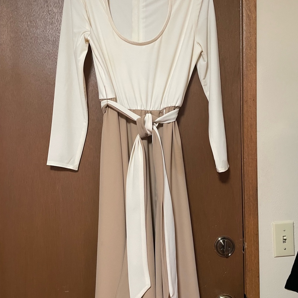 Cream Fit and Flare Long Sleeve Dress with Scoop Neck